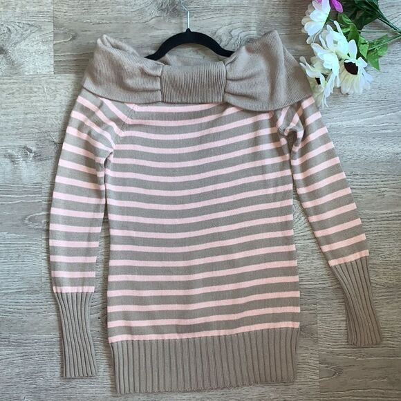 APOSTROPHE PINK TAN STRIP OFF SHOULDER SWEATER - Picture 8 of 9